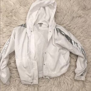 metallic and white jacket